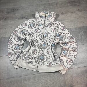 mock neck, full zip white and blue Aztec print eye candy women's Y2K sweatshirt